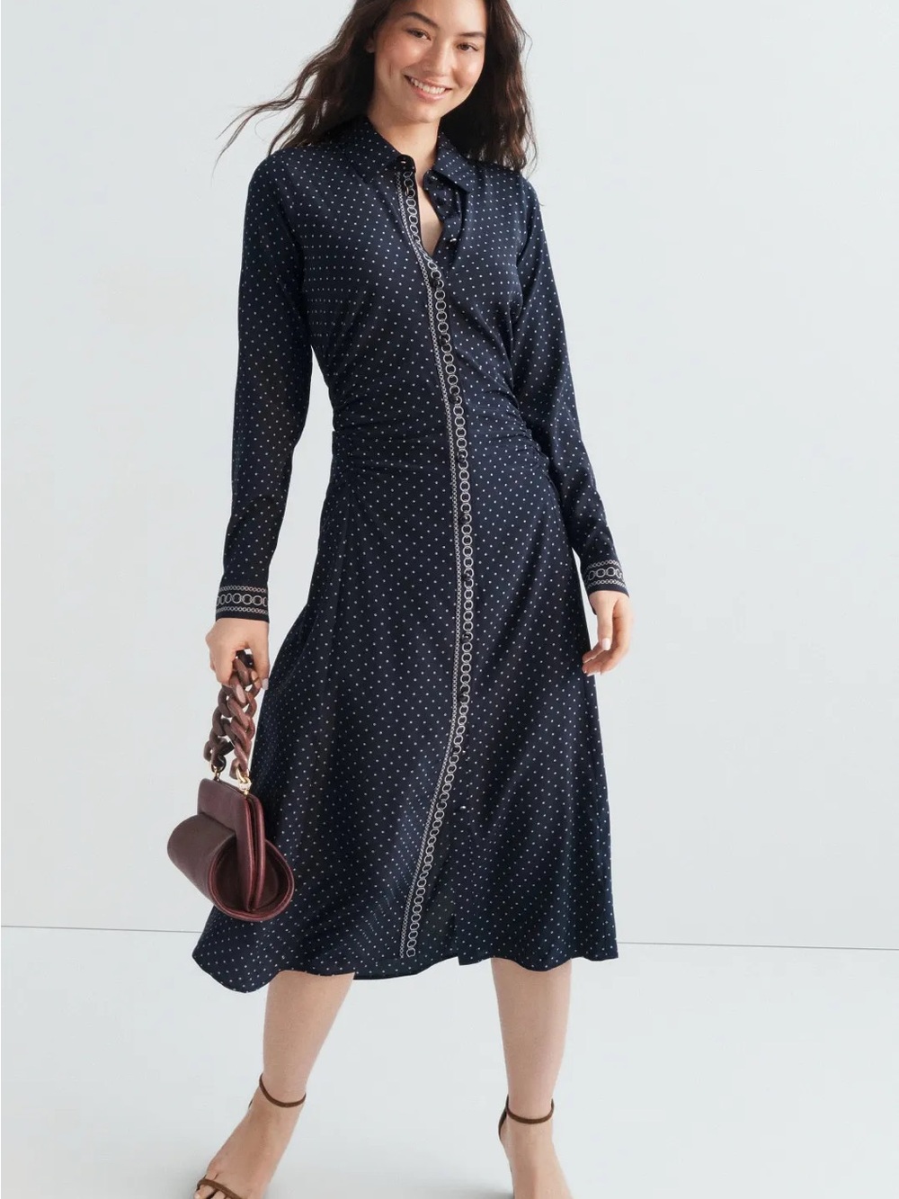 Veronica Beard Navy Polka Dot Midi Shirt Lex Dress